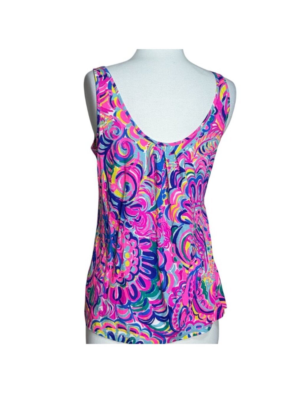 Lilly Pulitzer Tank Top Sleeveless Scoop Neck Pleated Blue Pink Yellow Print - Picture 2 of 5